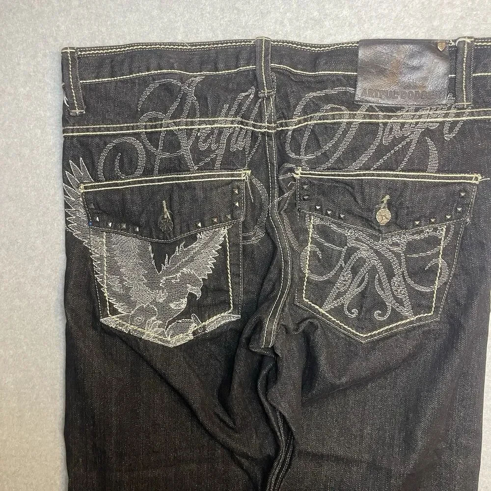 Artful Dodger Jeans Straight Black Embroidered Flap Pocket Y2K Baggy Skater